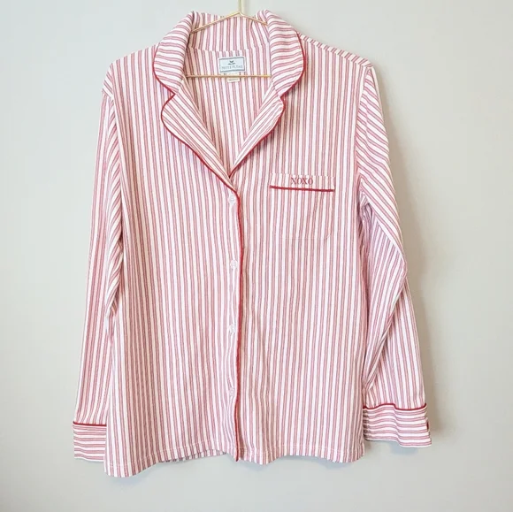 Petite Plume Pima Pajama Set In Antique Red Size Large Striped Embroidered EUC - Picture 9 of 16